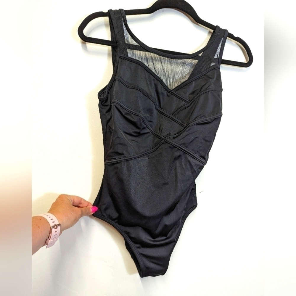 INCHES Away Slimming One Piece Mesh Black Bathing Suit Swim Suit 8